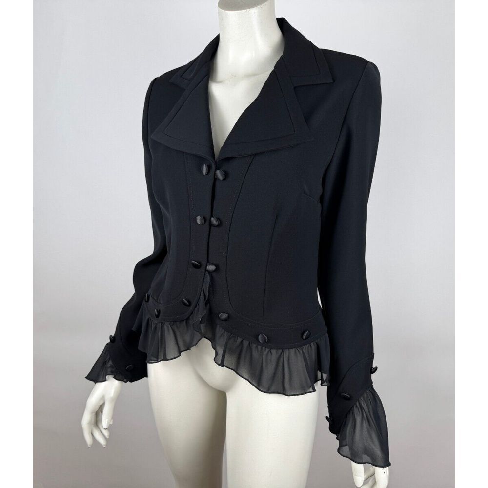 Black Women's Ruffled Hem Blazer Jacket - Picture 2 of 16
